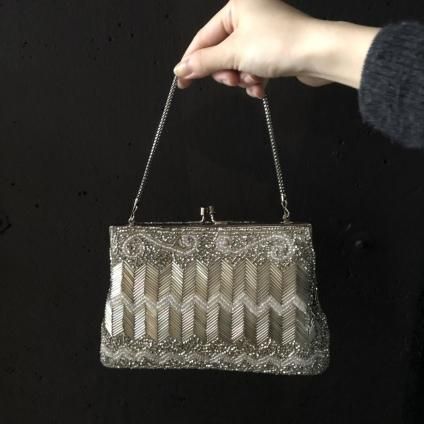 Vintage Silver & White Beads Bag（ヴィンテージ ヘリンボーン柄 ...