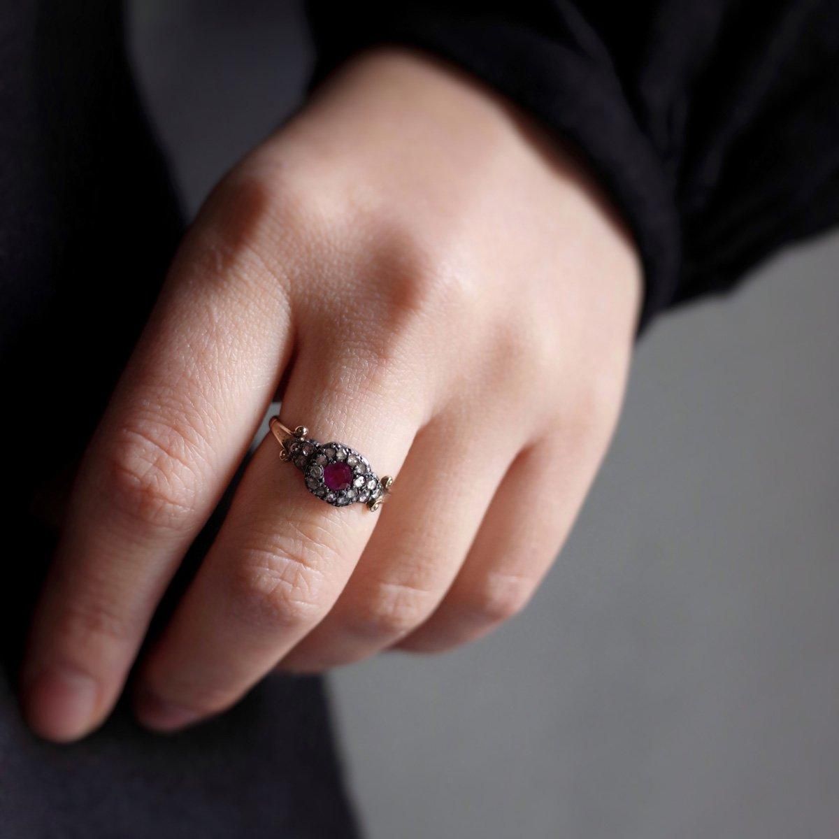 ȥꥢ 9 С ӡ  饹󥰡Victorian 9K Silver Ruby Diamond Cluster Ring