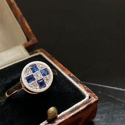 1920's 18KYG Sapphire Diamond Enamel Ring（ 1920年代 18K サファイア ダイヤモンド エナメル リング）