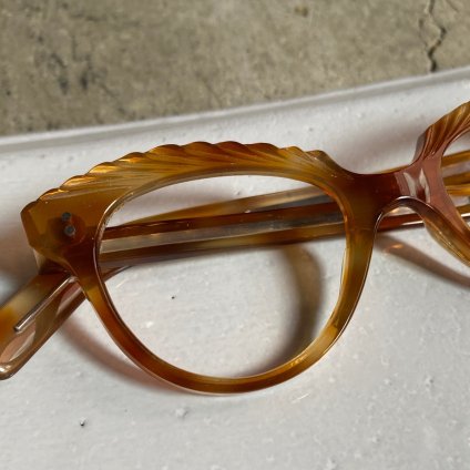 フォックス型 ヴィンテージ 眼鏡 フレーム ストーン装飾 手彫り 国産品?