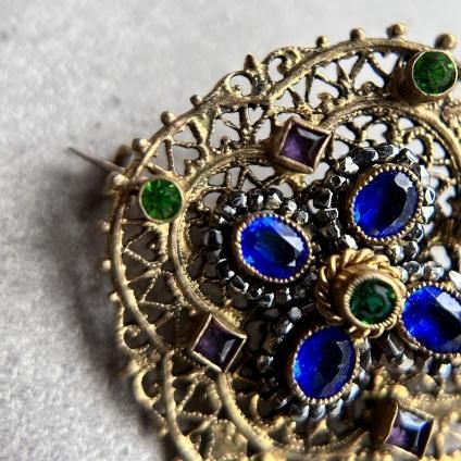 1930's Metal Glass Filigree Brooch （1930's メタル ガラス