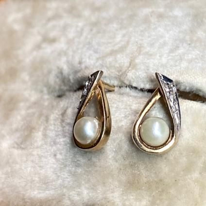 ơ 9K  ѡ  ƥɥå ԥVintage 9KYG Pearl Diamond Teardrop Earrings