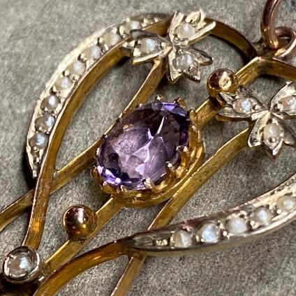 1900-10ǯ 9K  ᥷ ѡ ڥȥȥåס9KYG Amethyst Pearl Pendant Top