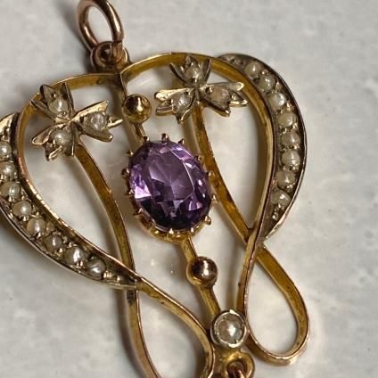 1900-10ǯ 9K  ᥷ ѡ ڥȥȥåס9KYG Amethyst Pearl Pendant Top