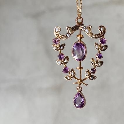 1900-10ǯ 9K  ᥷ ѡ ͥå쥹9KYG Amethyst Pearl Necklace