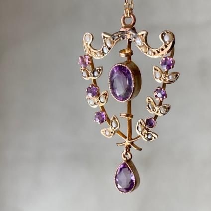 1900-10ǯ 9K  ᥷ ѡ ͥå쥹9KYG Amethyst Pearl Necklace