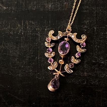 1900-10ǯ 9K  ᥷ ѡ ͥå쥹9KYG Amethyst Pearl Necklace