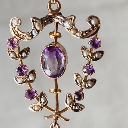 1900-10ǯ 9K  ᥷ ѡ ͥå쥹9KYG Amethyst Pearl Necklace