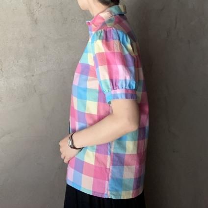 ơ ѥƥå ѥե꡼ ֥饦Vintage Pastel Check  Puff-Sleeve Blouse