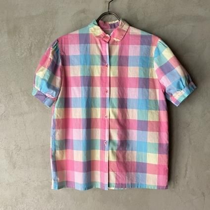 ơ ѥƥå ѥե꡼ ֥饦Vintage Pastel Check  Puff-Sleeve Blouse