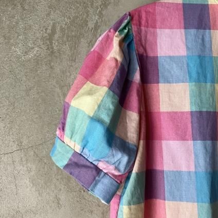 ơ ѥƥå ѥե꡼ ֥饦Vintage Pastel Check  Puff-Sleeve Blouse