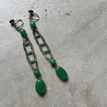 1920~30ǯ եꥰ꡼ ꡼󥬥饹 󥰡Filigree Green Glass Earrings