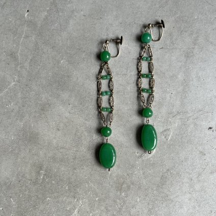 1920~30ǯ եꥰ꡼ ꡼󥬥饹 󥰡Filigree Green Glass Earrings