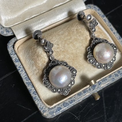 ơ С ޡ ѡ 󥰡Vintage Silver Marcasite Pearl earrings