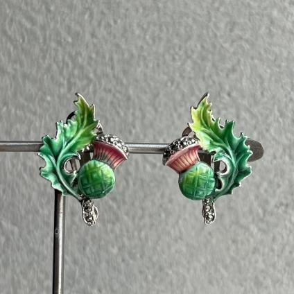 1940-50ǯ ޡ ᥿ ʥڥ   (1940~50's Marcasite Metal EnamelPaint Thistle Earring)