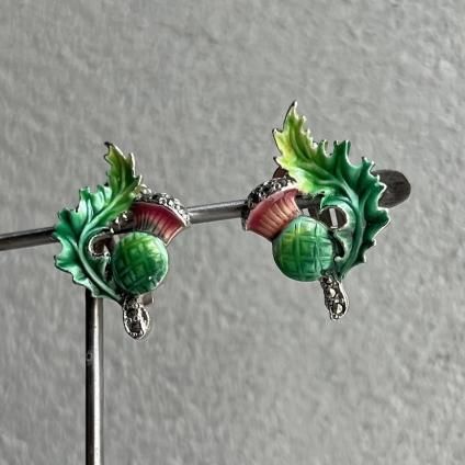 1940-50ǯ ޡ ᥿ ʥڥ   (1940~50's Marcasite Metal EnamelPaint Thistle Earring)