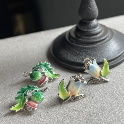 1940-50ǯ ޡ ᥿ ʥڥ   (1940~50's Marcasite Metal EnamelPaint Thistle Earring)