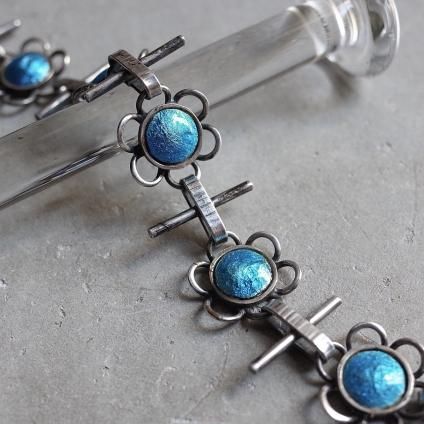 1960-70ǯ С 忧 ʥ ֥ ֥쥹åȡ1960-70's Silver Light Blue Enamel Flower Bracelet
