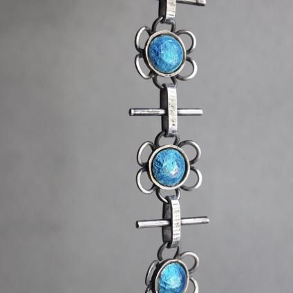 1960-70ǯ С 忧 ʥ ֥ ֥쥹åȡ1960-70's Silver Light Blue Enamel Flower Bracelet
