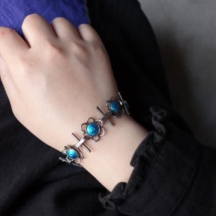 1960-70ǯ С 忧 ʥ ֥ ֥쥹åȡ1960-70's Silver Light Blue Enamel Flower Bracelet