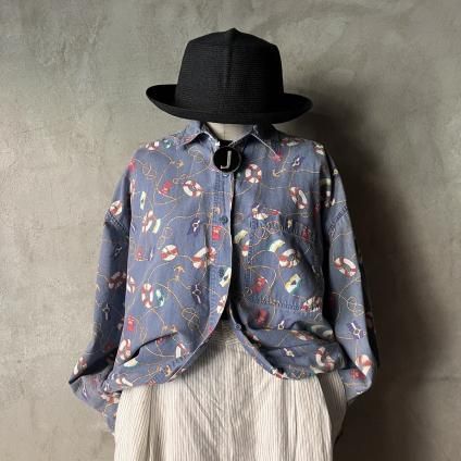 【入手困難】　VINTAGE 古着　一点物　古着柄シャツ　船　航海　マリン ヴィンテージ マリングッズ柄 シャツ（Vintage Marine Goods