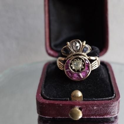 ȥꥢ 18  ӡե  󥰡Victorian 18KYG Diamond Ruby Sapphire Claddagh Ring