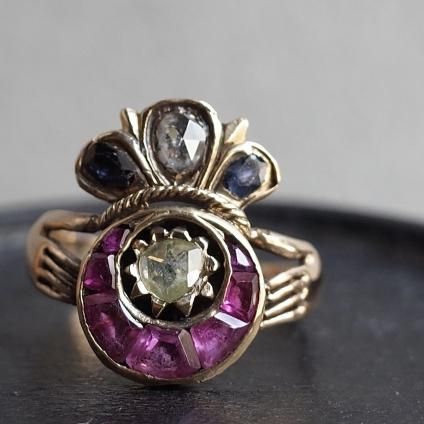 ȥꥢ 18  ӡե  󥰡Victorian 18KYG Diamond Ruby Sapphire Claddagh Ring