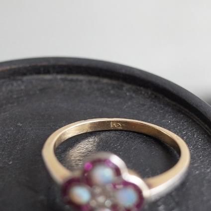 롦ǥ 18 ӡ ѡ  С 󥰡Art Deco 18K Ruby Opal Diamond Clover Ring