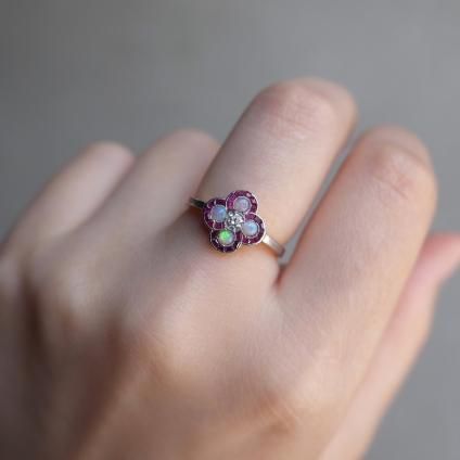 롦ǥ 18 ӡ ѡ  С 󥰡Art Deco 18K Ruby Opal Diamond Clover Ring