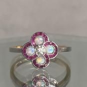 롦ǥ 18 ӡ ѡ  С 󥰡Art Deco 18K Ruby Opal Diamond Clover Ring