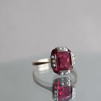 1920-40ǯ С ֥饹 ѡ  󥰡1920-40's Silver Red Glass Pearl Ring