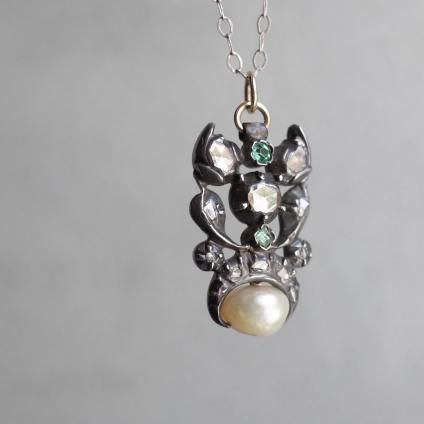 硼 С    ڥȥȥåסGeorgian Silver Diamond, Emerald Natural Pearl Pendant Top 