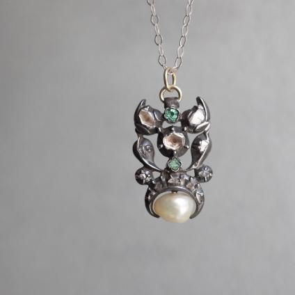 硼 С    ڥȥȥåסGeorgian Silver Diamond, Emerald Natural Pearl Pendant Top 