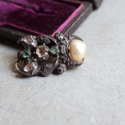 硼 С    ڥȥȥåסGeorgian Silver Diamond, Emerald Natural Pearl Pendant Top 