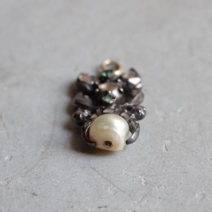 硼 С    ڥȥȥåסGeorgian Silver Diamond, Emerald Natural Pearl Pendant Top 