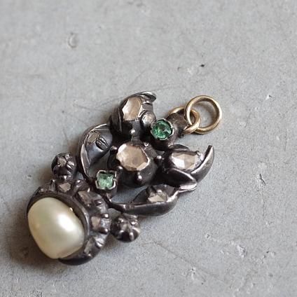 硼 С    ڥȥȥåסGeorgian Silver Diamond, Emerald Natural Pearl Pendant Top 
