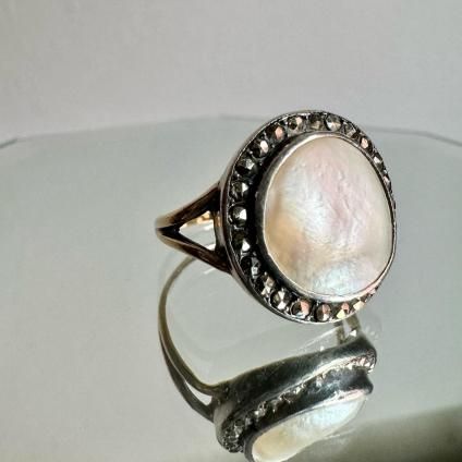 ȥꥢ 18 С ޥ٥ѡ ޡ 󥰡18KYG Silver Mabe Pearl Marcasite Ring