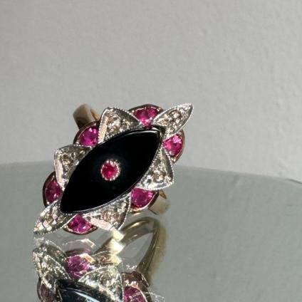 14 ԥ󥯥 åȥ ӡ ˥ ޡ󥰡14KPG Rose cut diamond Ruby Onyx Ring