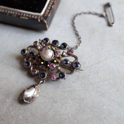 ȥꥢ С ʥ ͥå ɥåץѡ ֥Victorian Silver Enamel Garnet Drop Pearl Brooch