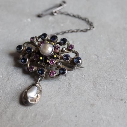 ȥꥢ С ʥ ͥå ɥåץѡ ֥Victorian Silver Enamel Garnet Drop Pearl Brooch