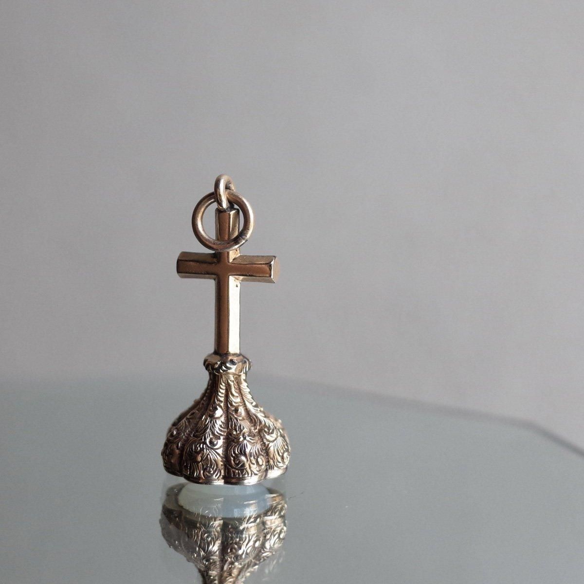 륻ɥˡ  ե֥Victorian - Art Deco Chalcedony Cross Fob Seal