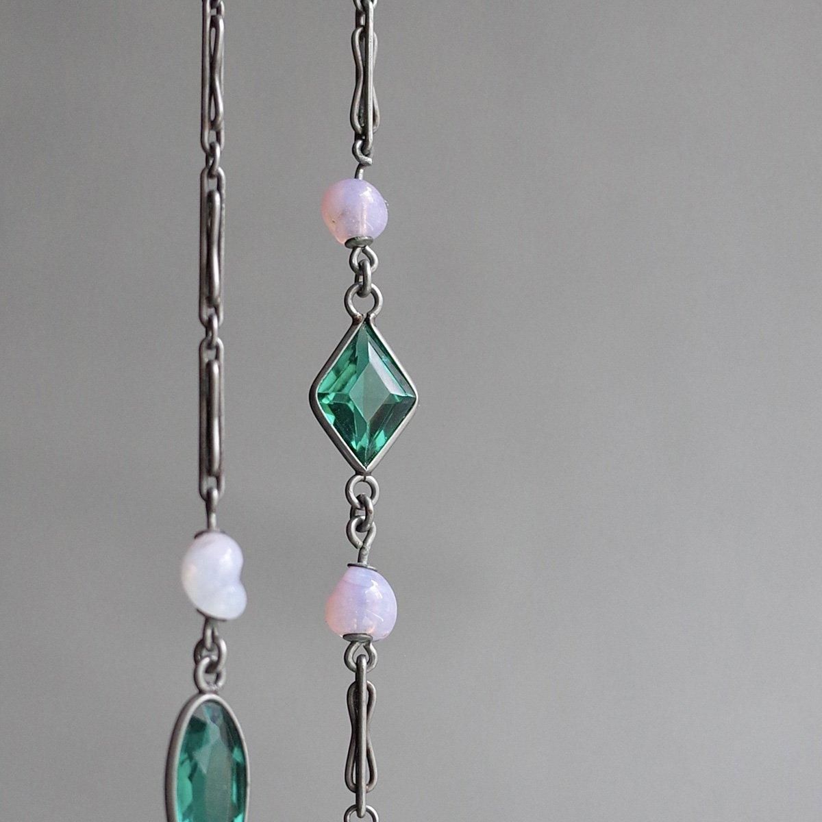 ᥿ ꡼󥬥饹 󥰥ͥå쥹1900-1920's Metal Green Glass Long Necklace