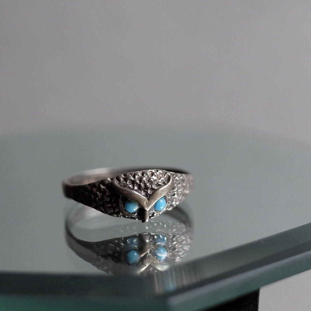  С 饹 󥰡Vintage Owl Silver Turquoise Glass Ring