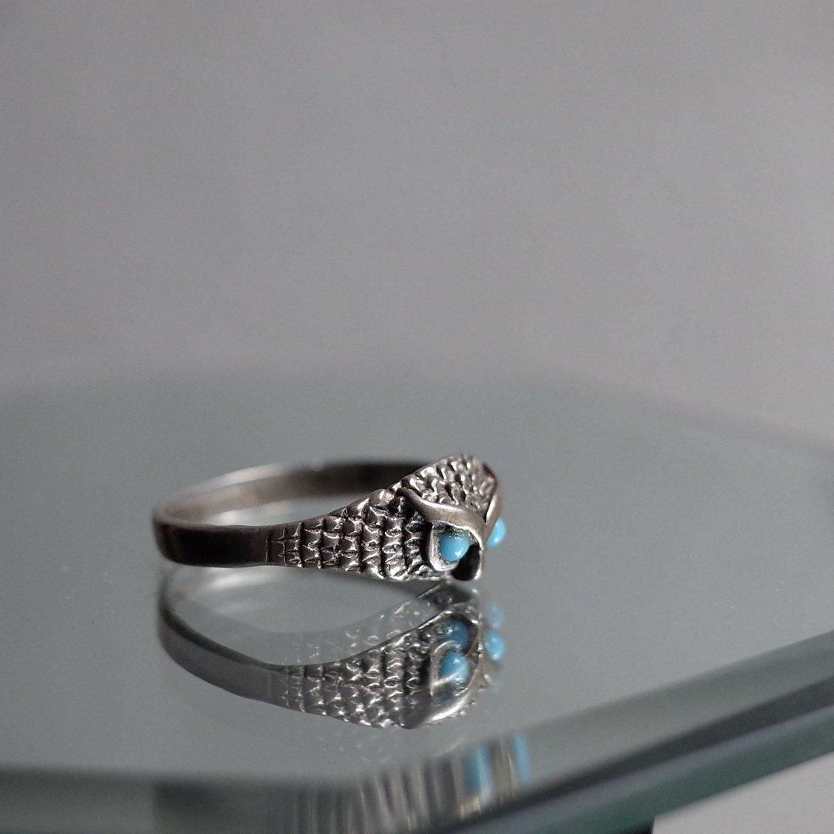  С 饹 󥰡Vintage Owl Silver Turquoise Glass Ring