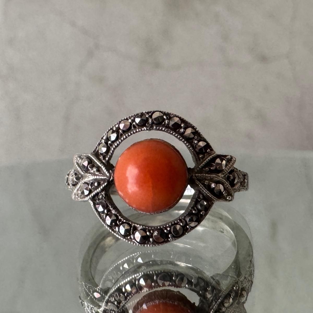 1930-40ǯ С  ޡ  Silver Coral Marcasite Ring