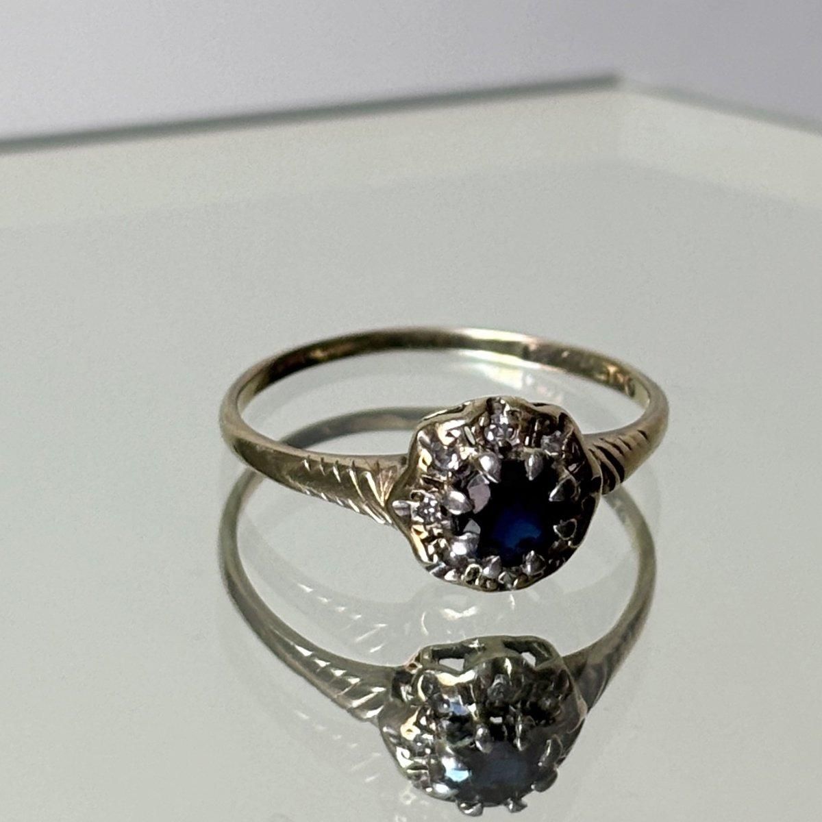 サファイアとメレダイアのリング ヴィンテージ 9金 サファイア メレダイヤモンド ヘキサゴン