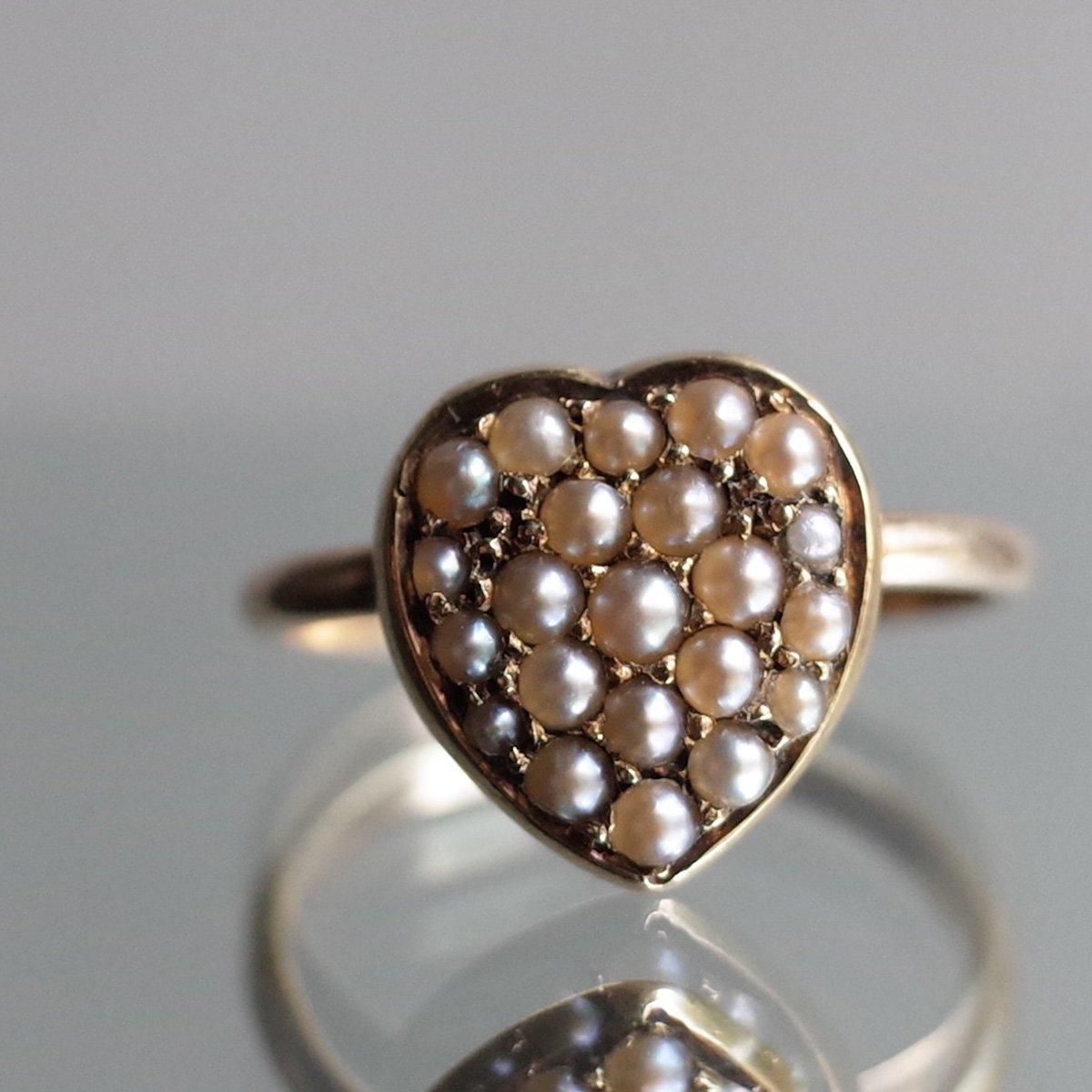 ヴィクトリアン-アールデコ 12金 天然パール ハート リング（Vic