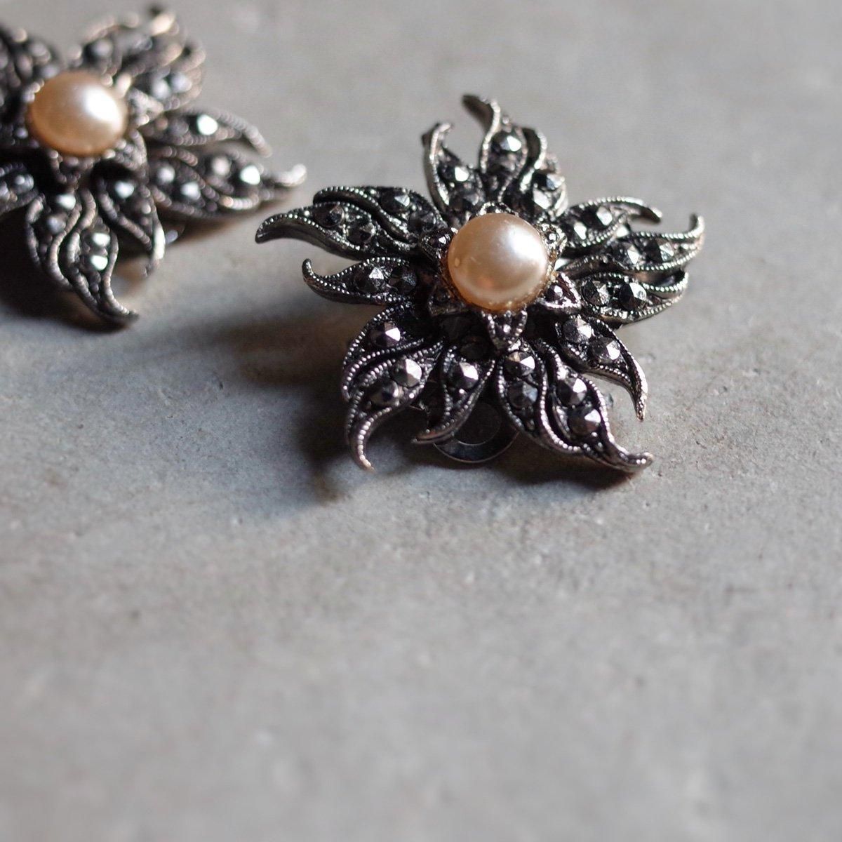 1950ǯ С ޡ 饹ѡ ե 󥰡1950's Silver Marcasite Glass Pearl Flower Earrings