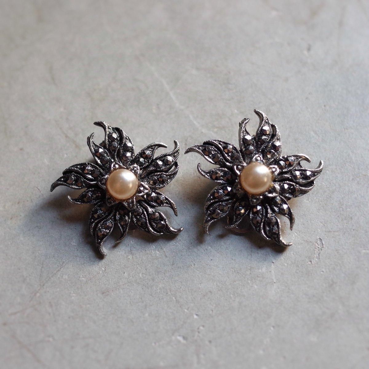 1950ǯ С ޡ 饹ѡ ե 󥰡1950's Silver Marcasite Glass Pearl Flower Earrings