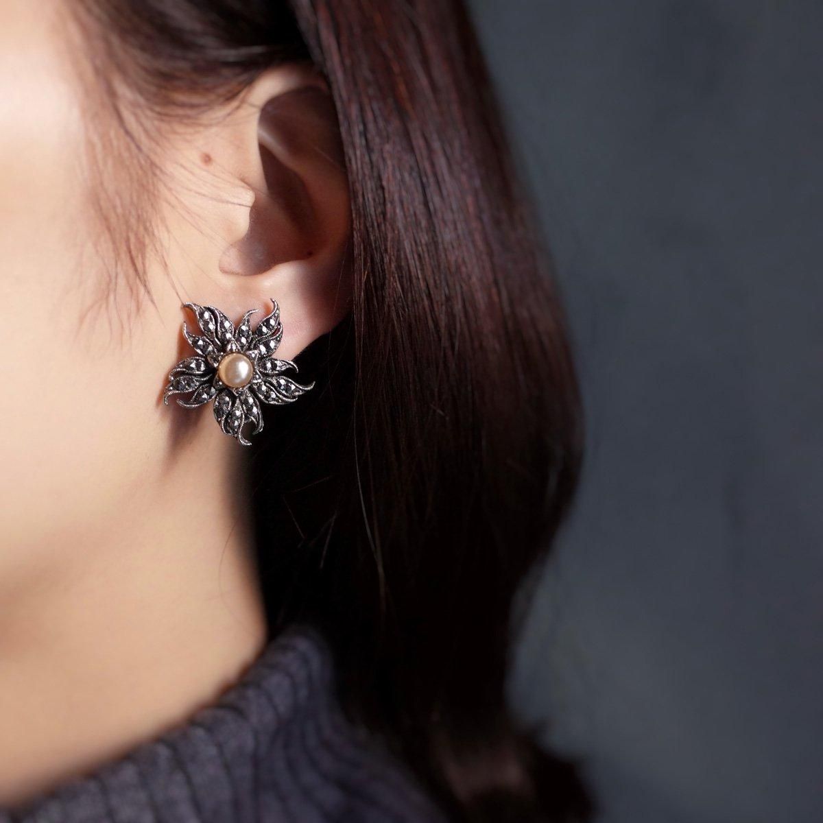 1950ǯ С ޡ 饹ѡ ե 󥰡1950's Silver Marcasite Glass Pearl Flower Earrings